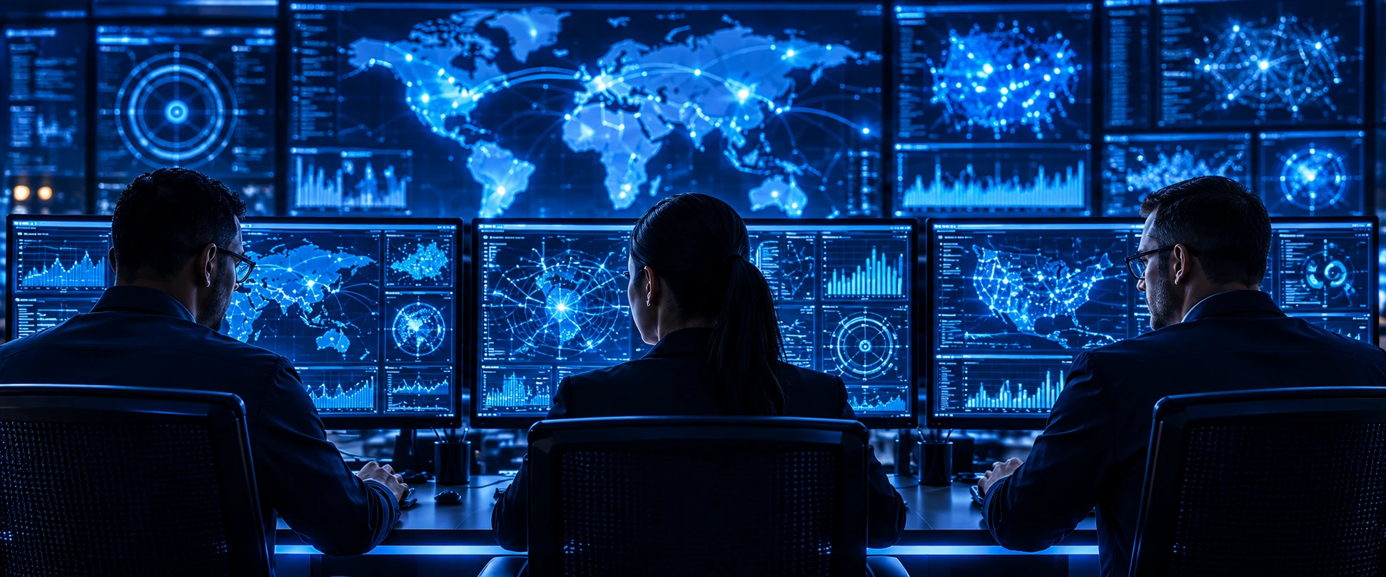 Security operations analysts monitoring connected systems.
