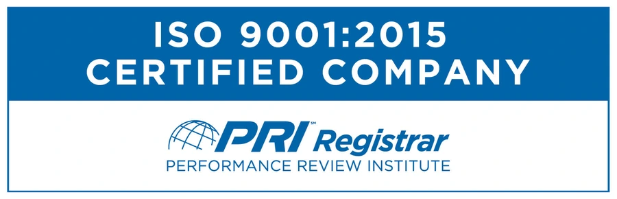 ISO 9001:2015 Certified Company badge from PRI Registrar, Performance Review Institute