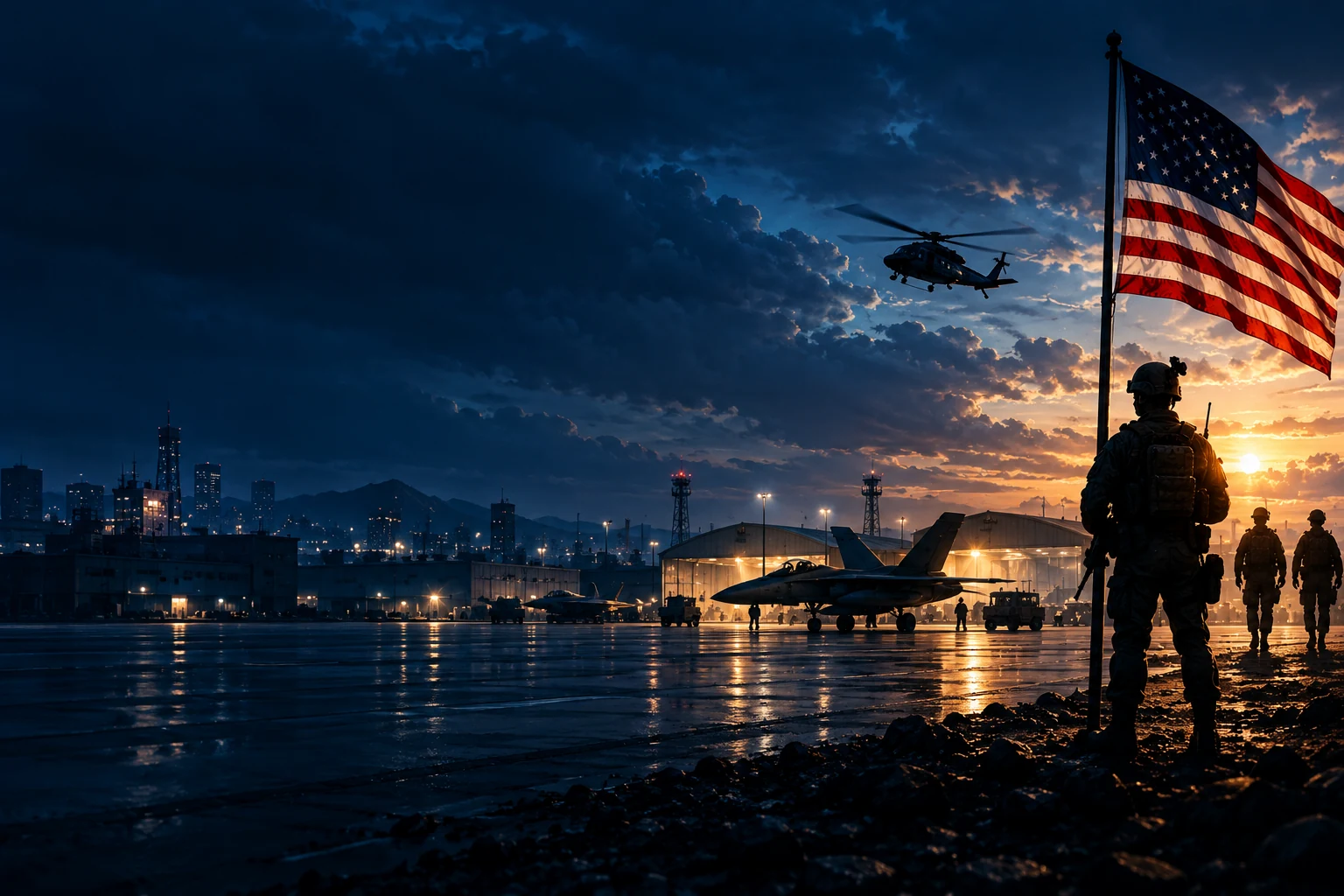 Service members beside an American flag at a military airfield at sunset.